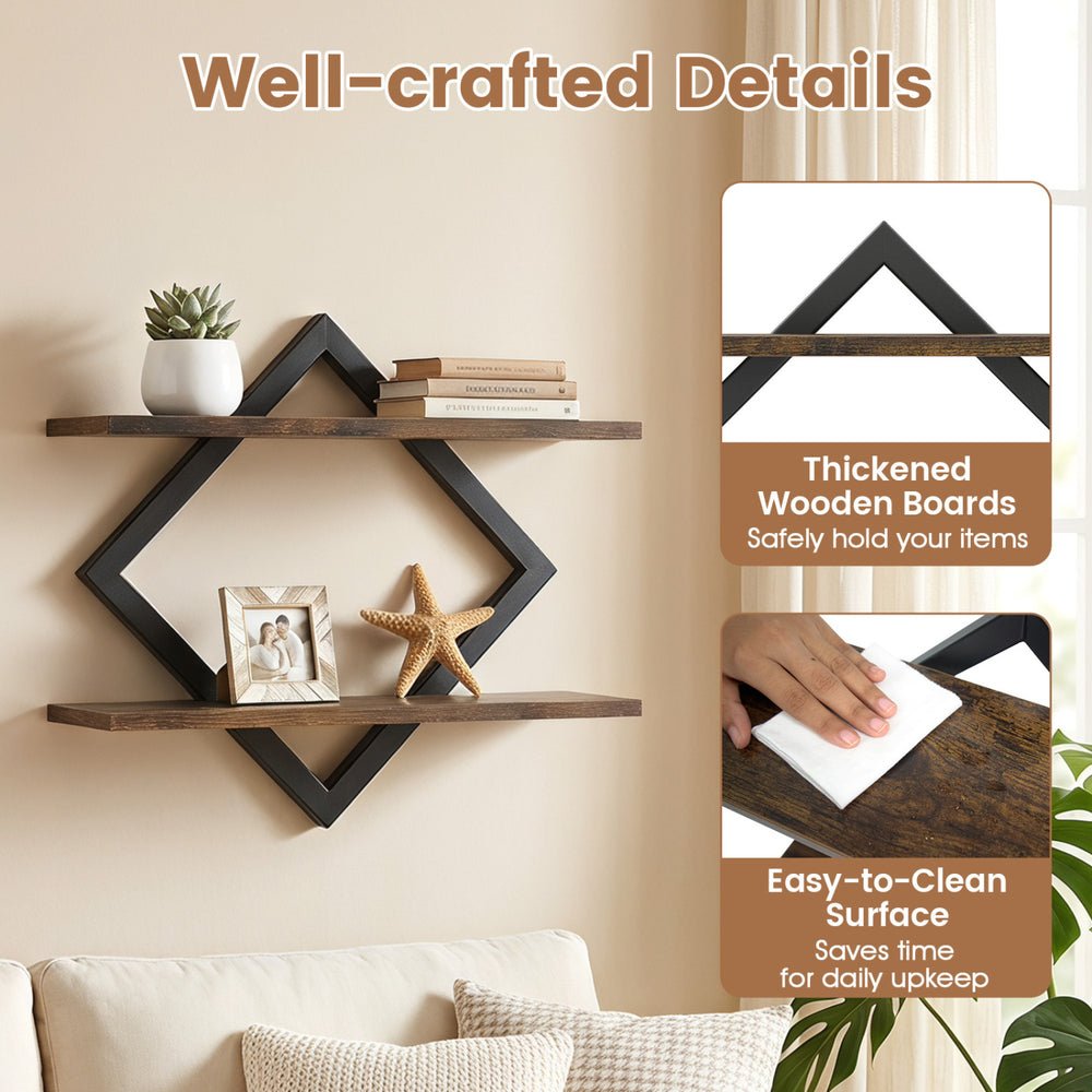 Diamond-shaped metal floating shelves in rustic brown feature thickened wooden boards for stylish and durable wall storage.