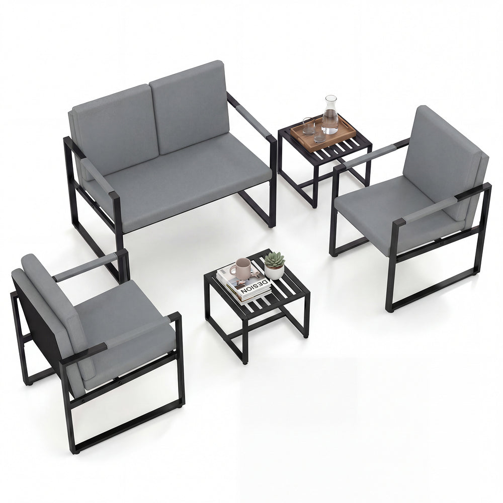 Mid Century Modern single sofa chairs with gray cushions, featuring sturdy metal frames for living rooms or workspaces.
