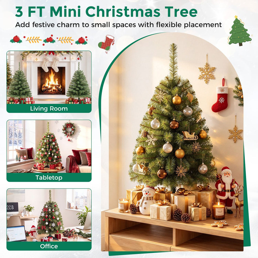 Mini tabletop Christmas tree with 113 green PVC branch tips decorates a cozy living room beside festive gifts.