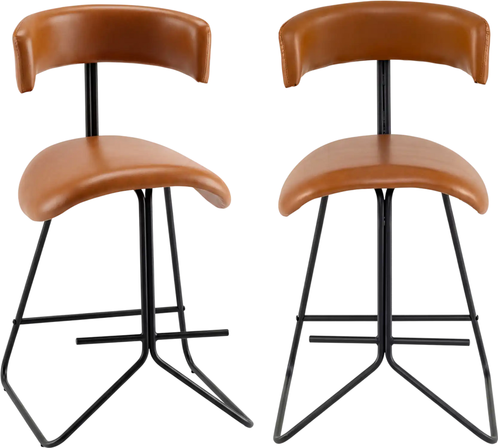 Set of 2 modern counter height stools with faux leather upholstery and metal base, ideal for 46.5"-48.5" counters.