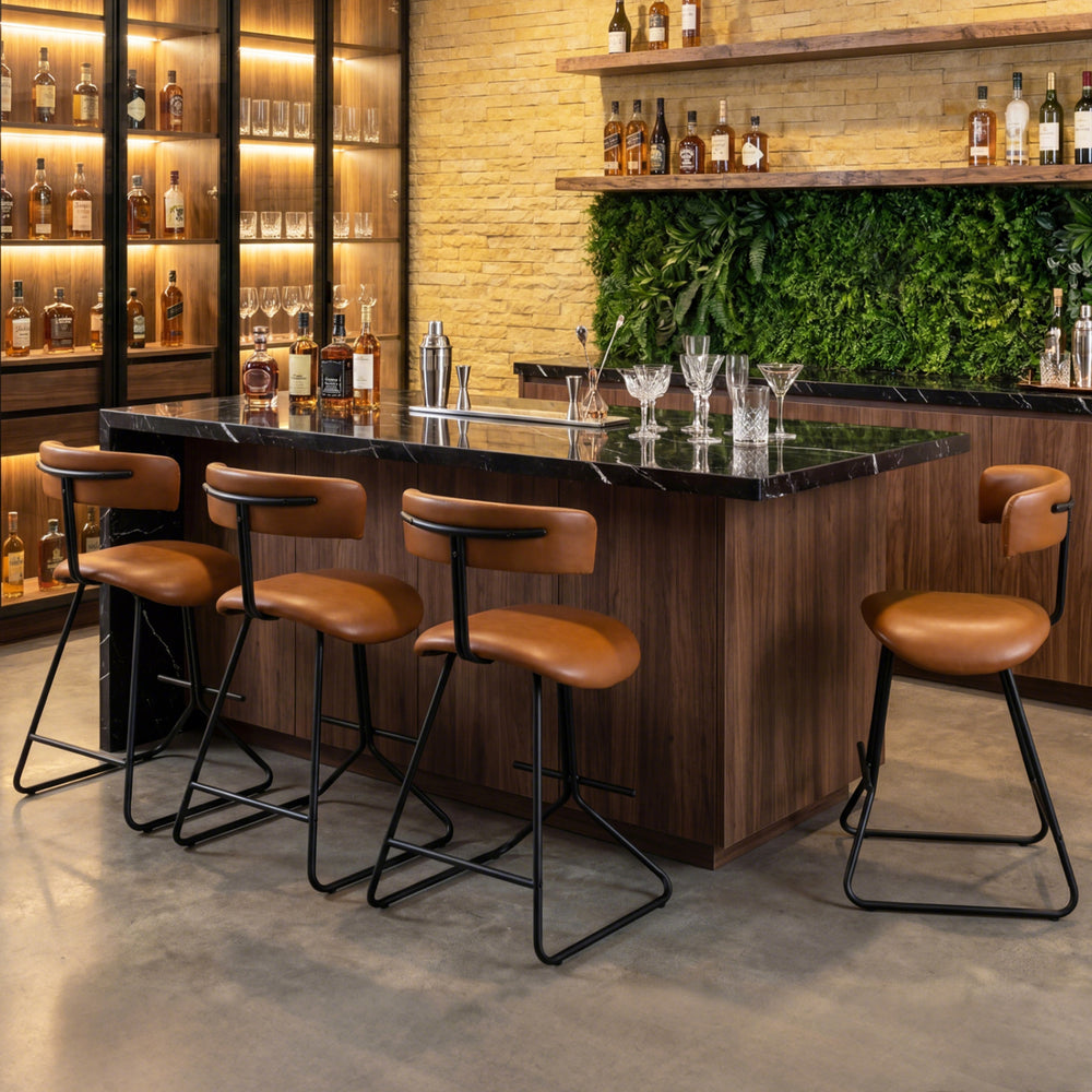Modern counter height stools with espresso faux leather upholstery, curved seat, and stable metal base for comfortable.