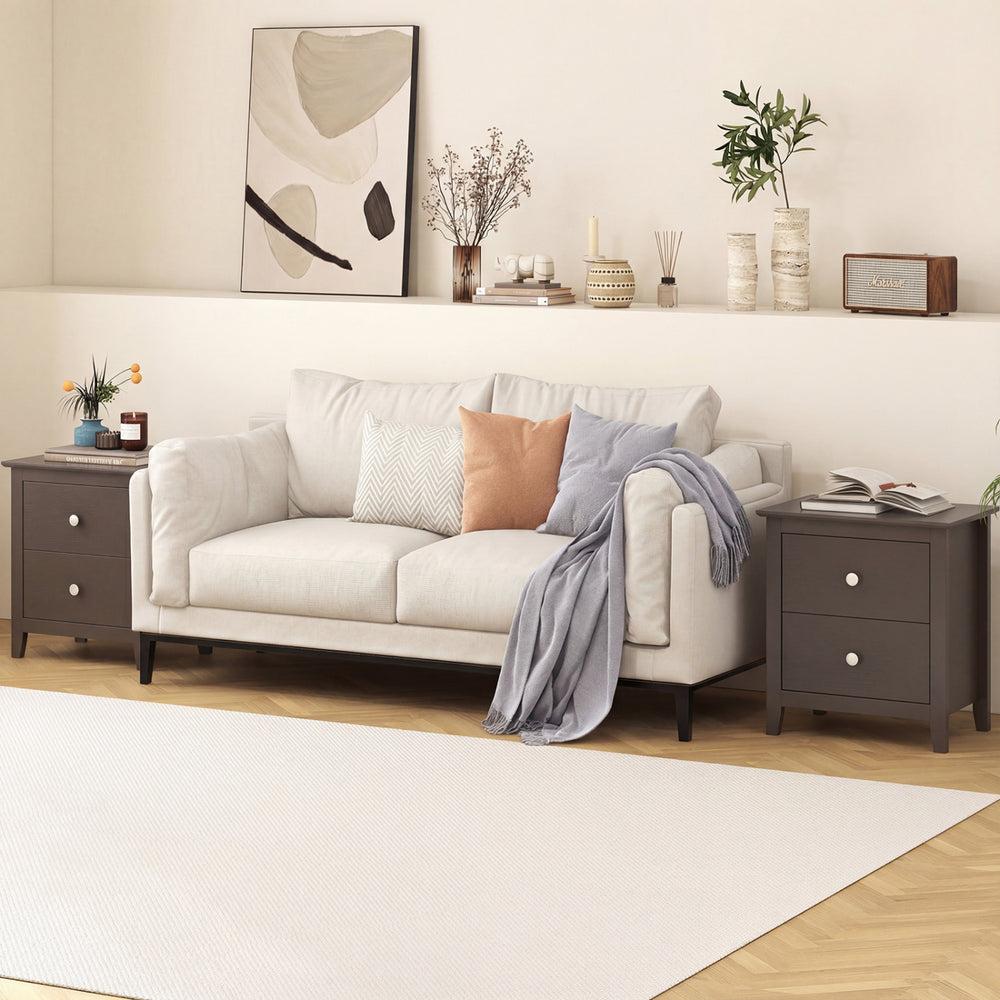 Modern nightstand set in rustic brown with two drawers, perfect for small spaces and stylish bedroom organization.
