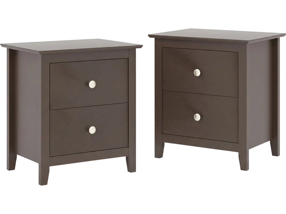 Set of 2 rustic brown modern nightstands with two drawers, ideal for small spaces and versatile for any room.