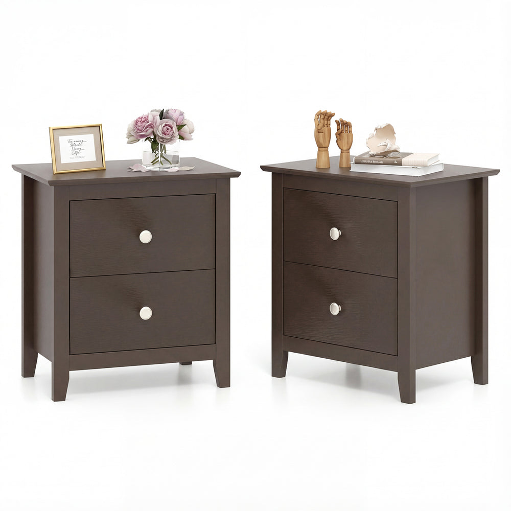 Set of 2 rustic brown nightstands with two drawers, featuring a wide tabletop for bedside essentials and modern design.