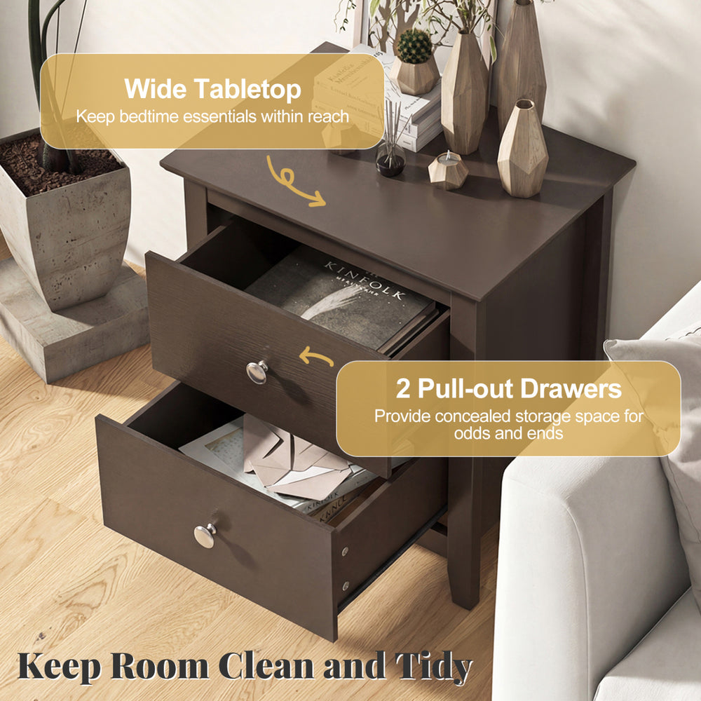 Modern nightstand in rustic brown with wide tabletop and two pull-out drawers for small space storage.