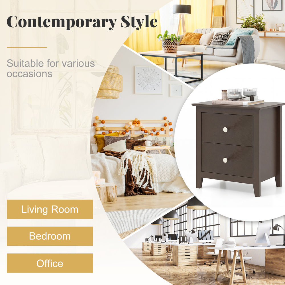 Modern nightstand in rustic brown with two drawers, ideal for small spaces in bedroom, living room, or office.