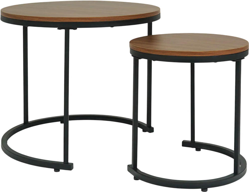 Set of 2 modern round nesting coffee tables with light brown tops and black frames, perfect for small spaces and.