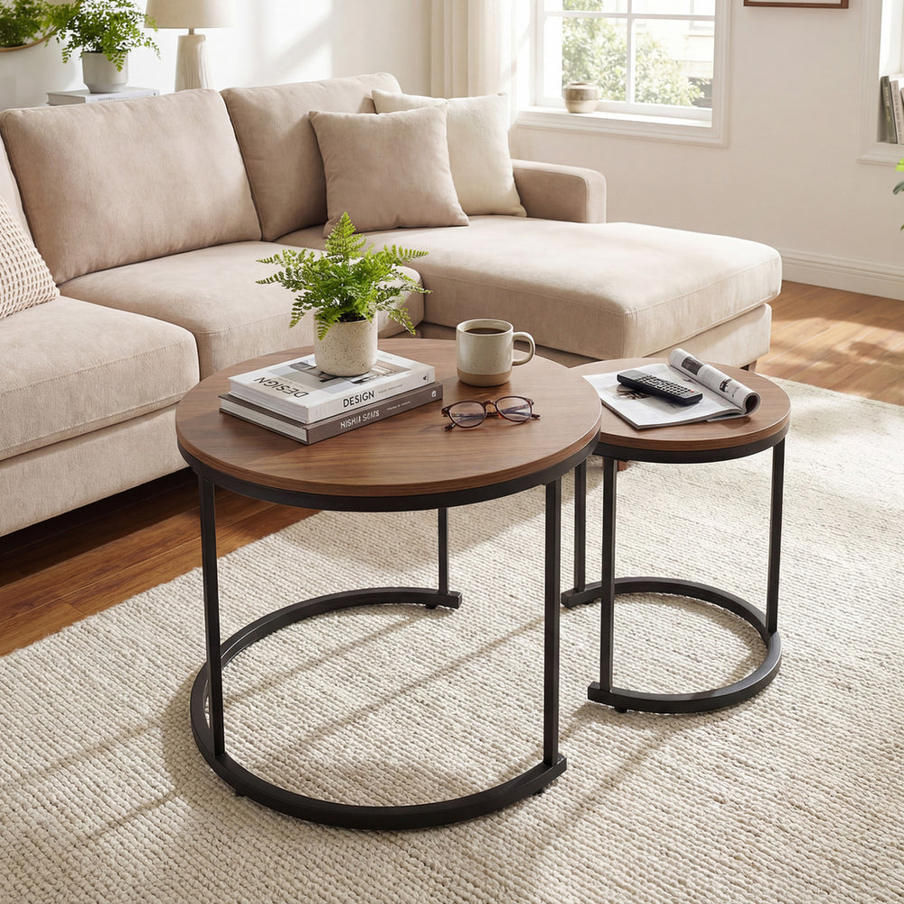Set of 2 Modern Round Stacking Nesting Coffee Tables for Living Room-Light Brown - Gallery View 1 of 11