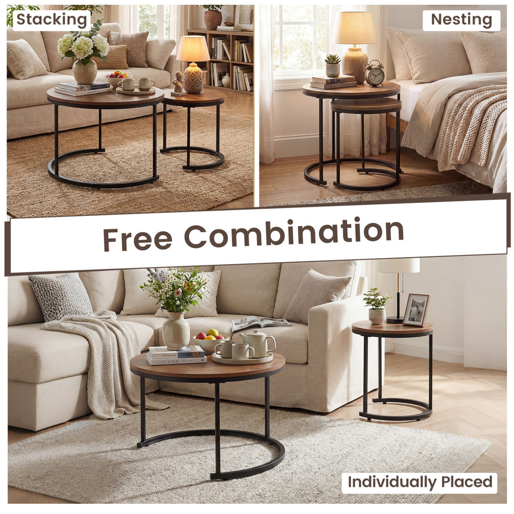 Set of 2 modern round nesting coffee tables in light brown, featuring a vintage design for versatile living room use.