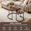 Set of 2 modern round nesting coffee tables in light brown with wide tabletops for versatile living room use.
