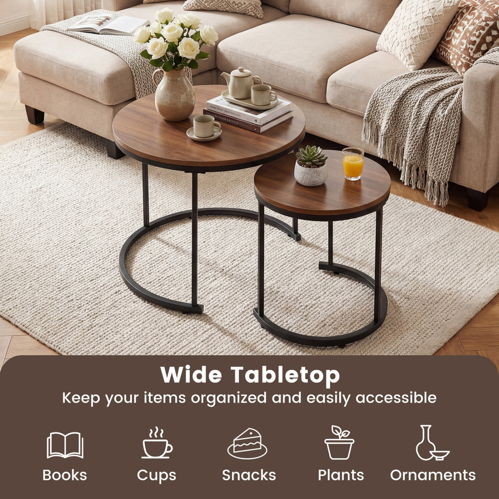 Set of 2 modern round nesting coffee tables in light brown with wide tabletops for versatile living room use.