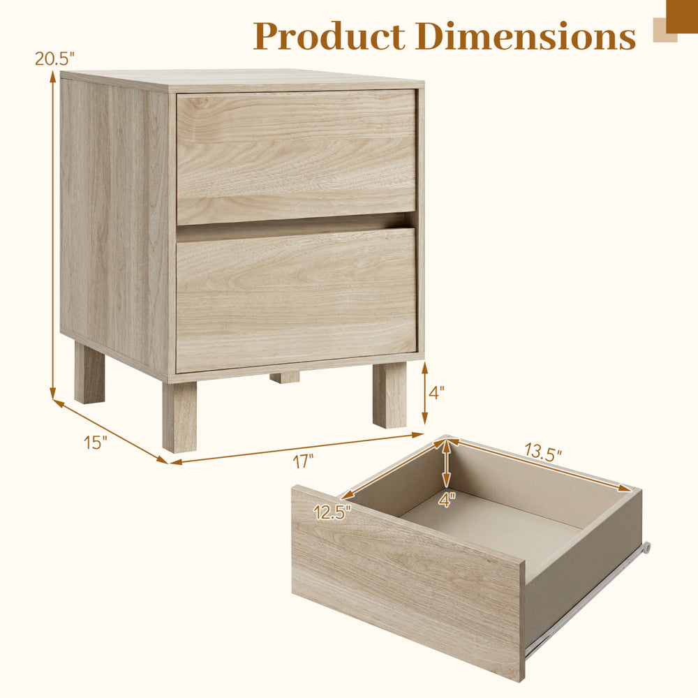 Modern wooden end table with two storage drawers, featuring a spacious tabletop and sturdy elevated legs for stability.