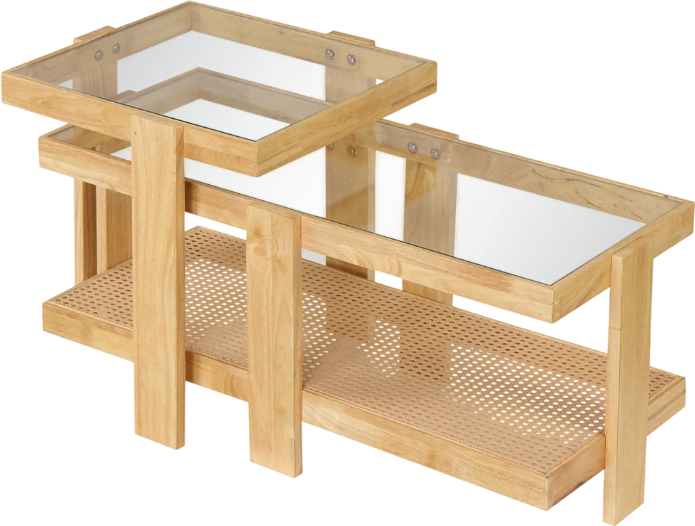 Nesting coffee tables with natural rubber wood legs and rattan accent, featuring tempered glass tops for versatile use.