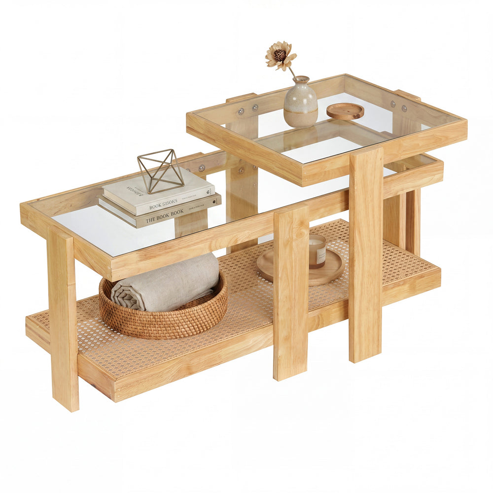 Nesting coffee table featuring a unique rattan shelf and tempered glass top, perfect for stylish storage in any room.