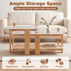Nesting coffee tables with natural wood and rattan accents, featuring glass tops and ample storage for magazines and.