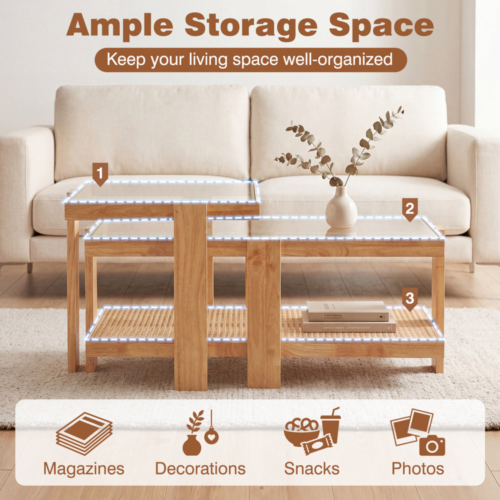Nesting coffee tables with natural wood and rattan accents, featuring glass tops and ample storage for magazines and.