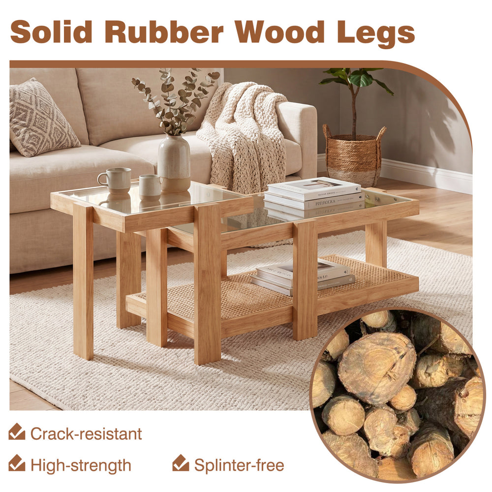 Nesting coffee tables with natural solid rubber wood legs, rattan accent shelf, and tempered glass top for versatile.