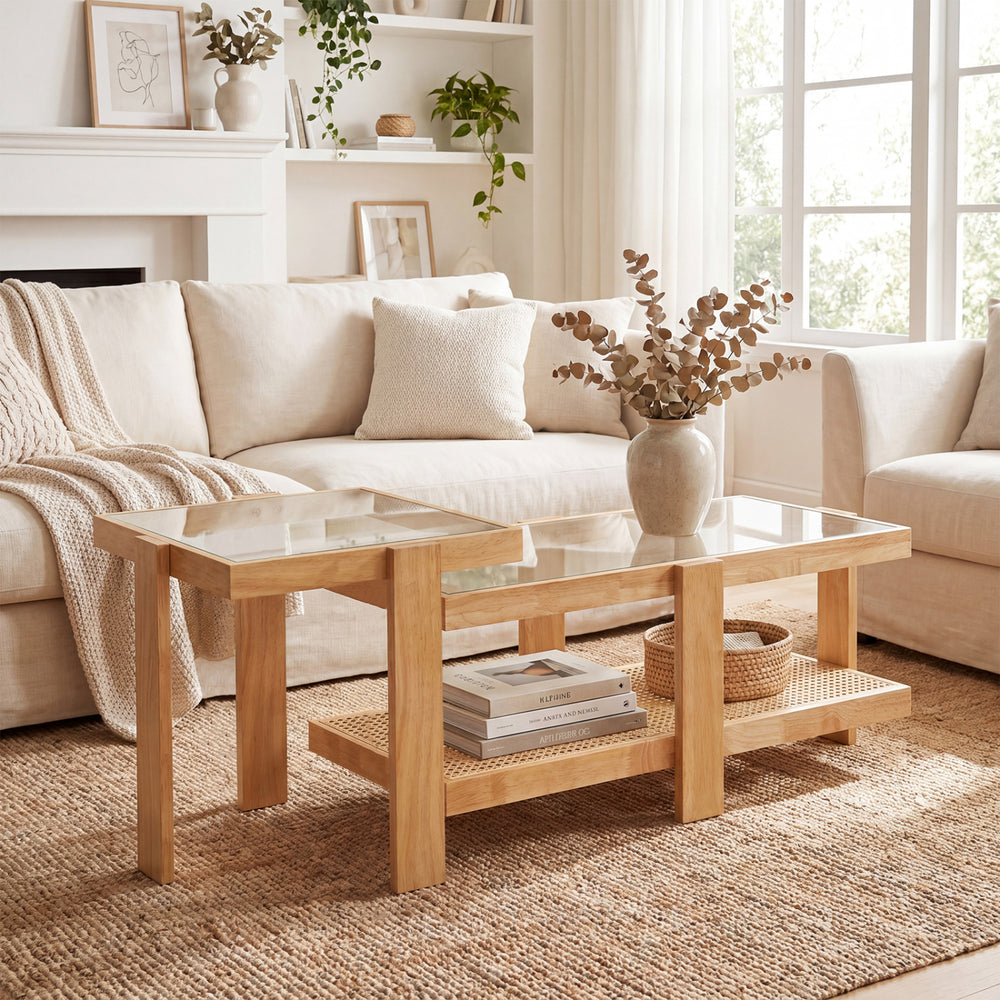 Nesting coffee tables with natural wood and rattan accents, featuring tempered glass tops for versatile living room use.