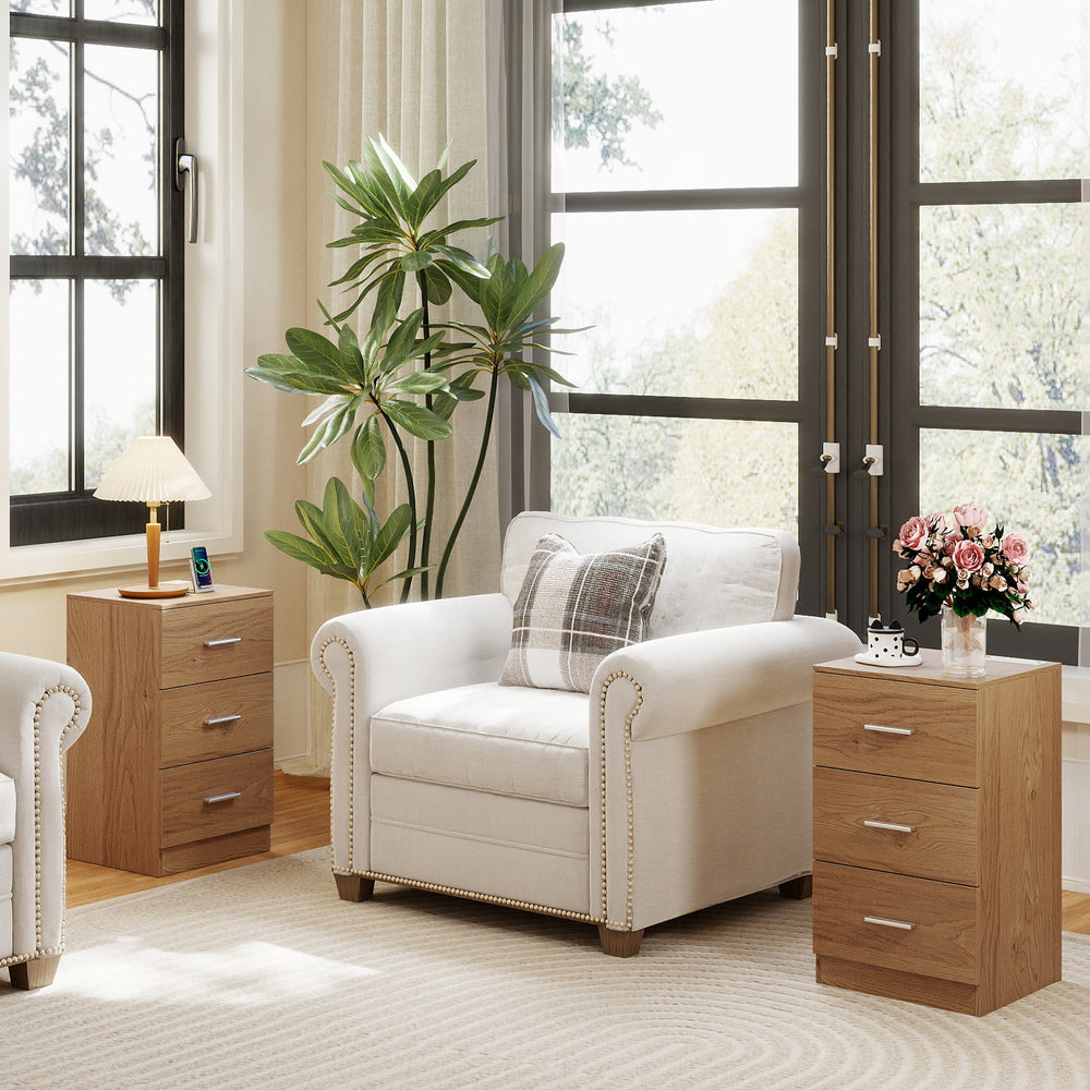 Natural wood nightstand set with charging station, three drawers, and elegant design for bedroom or living room use.