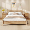 Natural wood nightstand set with charging station, three drawers, and elegant design for bedroom organization.