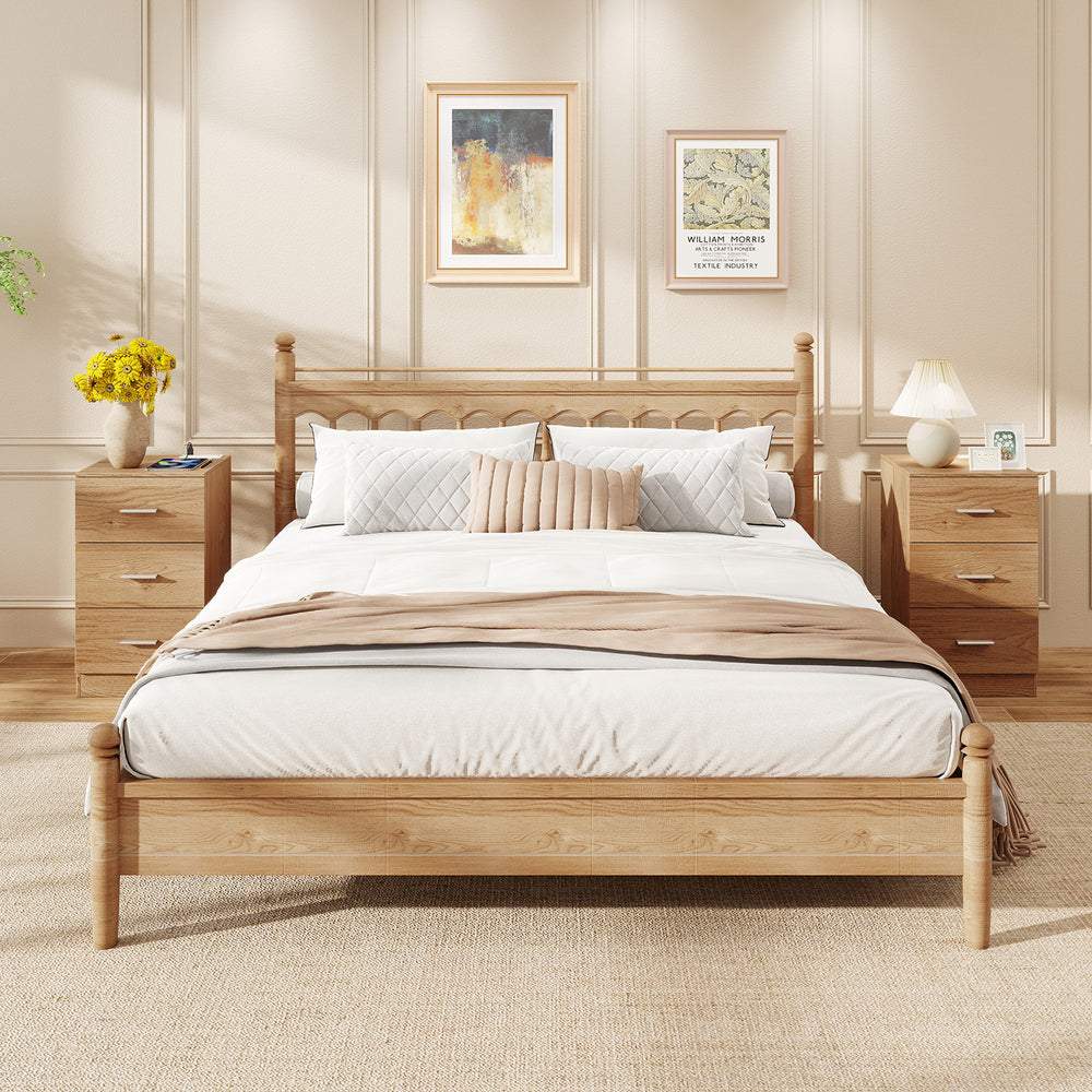 Natural wood nightstand set with charging station, three drawers, and elegant design for bedroom organization.