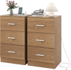 Set of 2 natural wood nightstands with 3 storage drawers and built-in charging station for bedroom organization.