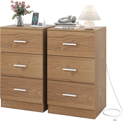 Costway Set of 2 Nightstands with Charging Station 3-Drawer Bedside End Tables 63297028 New