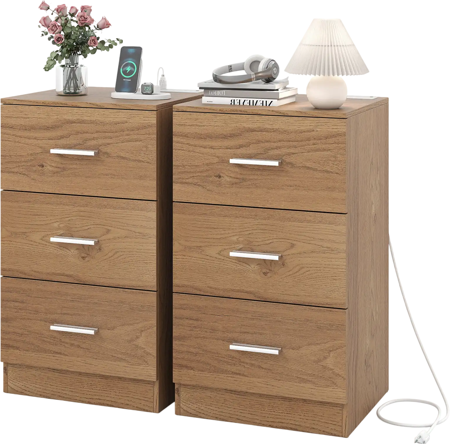 Costway Set of 2 Nightstands w/ Charging Station 3-Drawer Bedside End Table 63297028 New