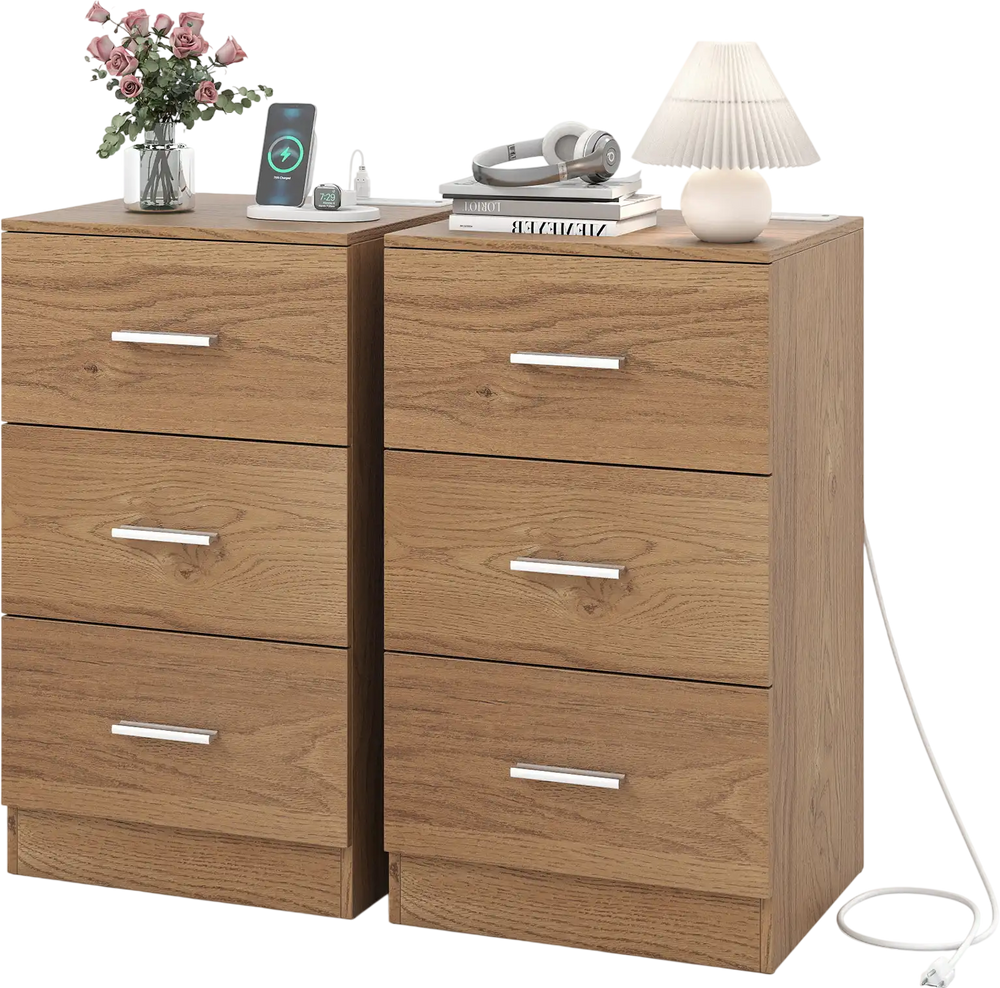 Set of 2 natural wood nightstands with 3 storage drawers and built-in charging station for bedroom organization.