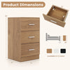 Natural wooden nightstand with three storage drawers and built-in charging station, perfect for bedroom organization.