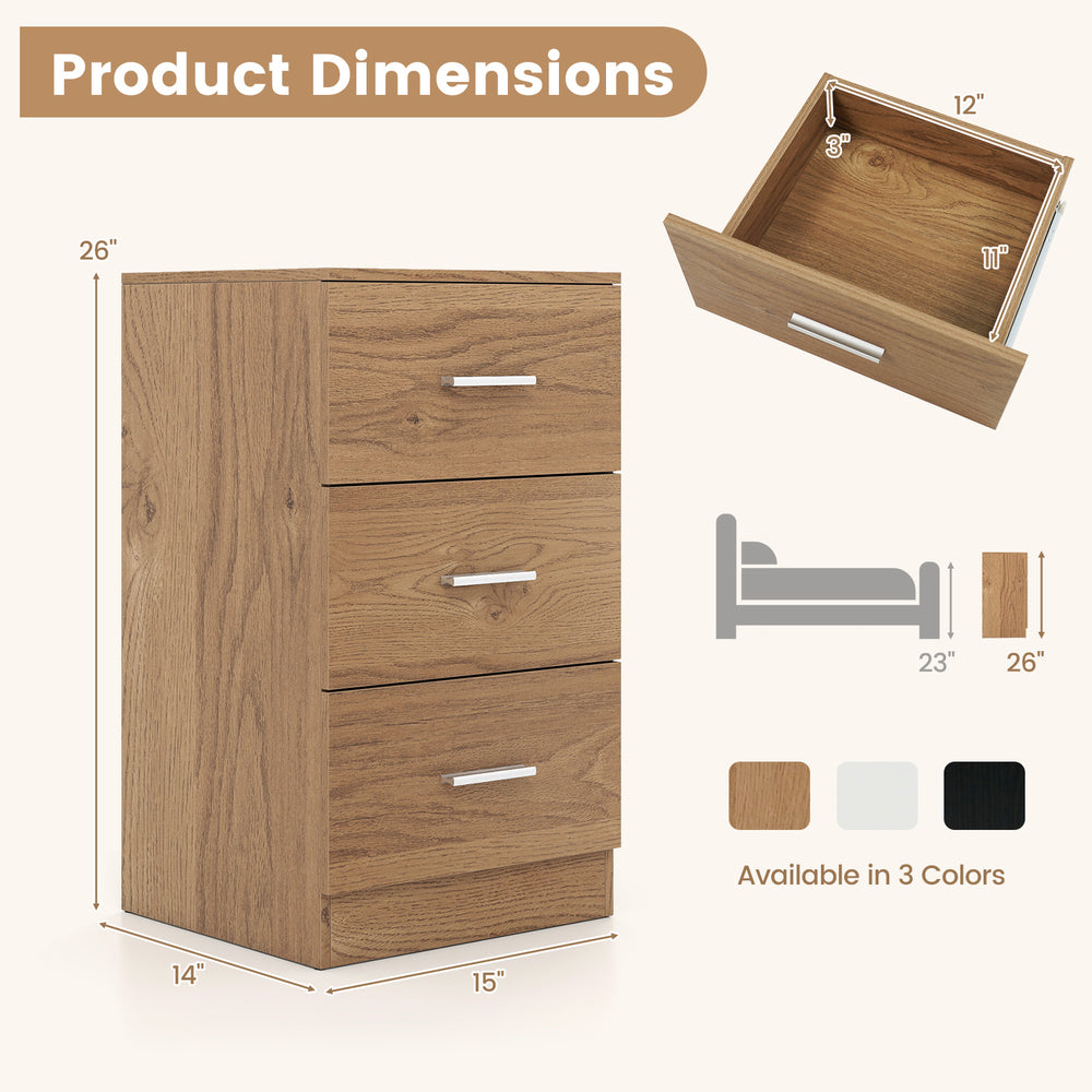 Natural wooden nightstand with three storage drawers and built-in charging station, perfect for bedroom organization.