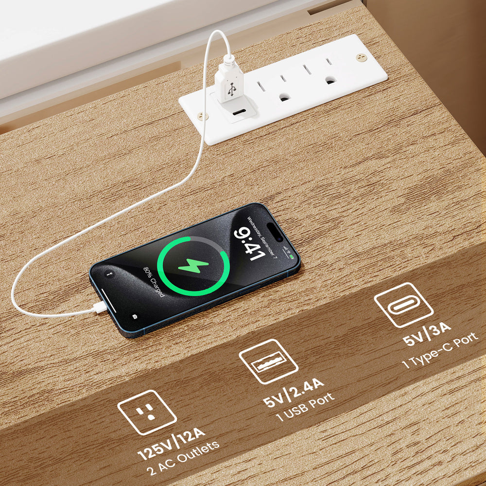 Nightstand with charging station featuring 2 AC outlets and 1 USB port, ideal for bedside convenience and organization.