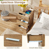 Natural wood nightstand with 3 storage drawers and charging station, featuring convenient handles and smooth metal.