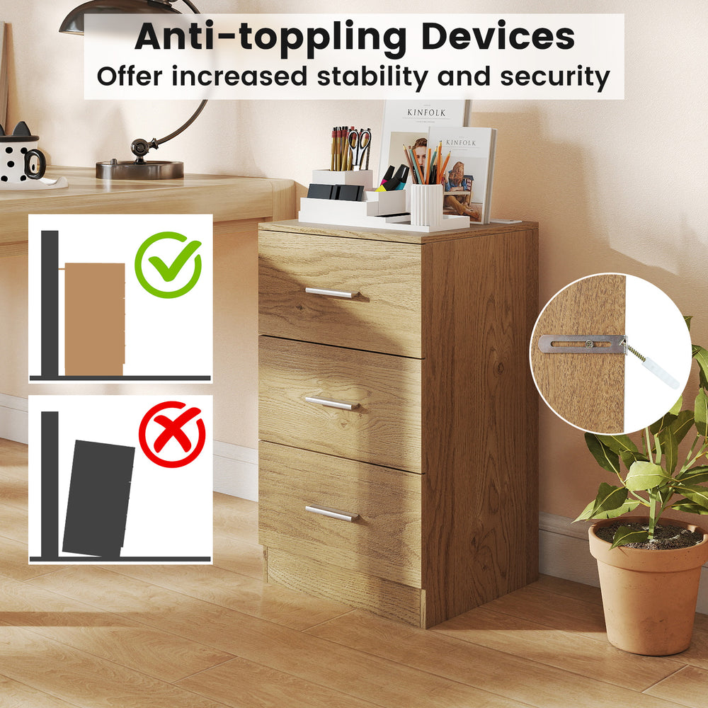Nightstand with three storage drawers and built-in charging station, featuring anti-toppling devices for added.
