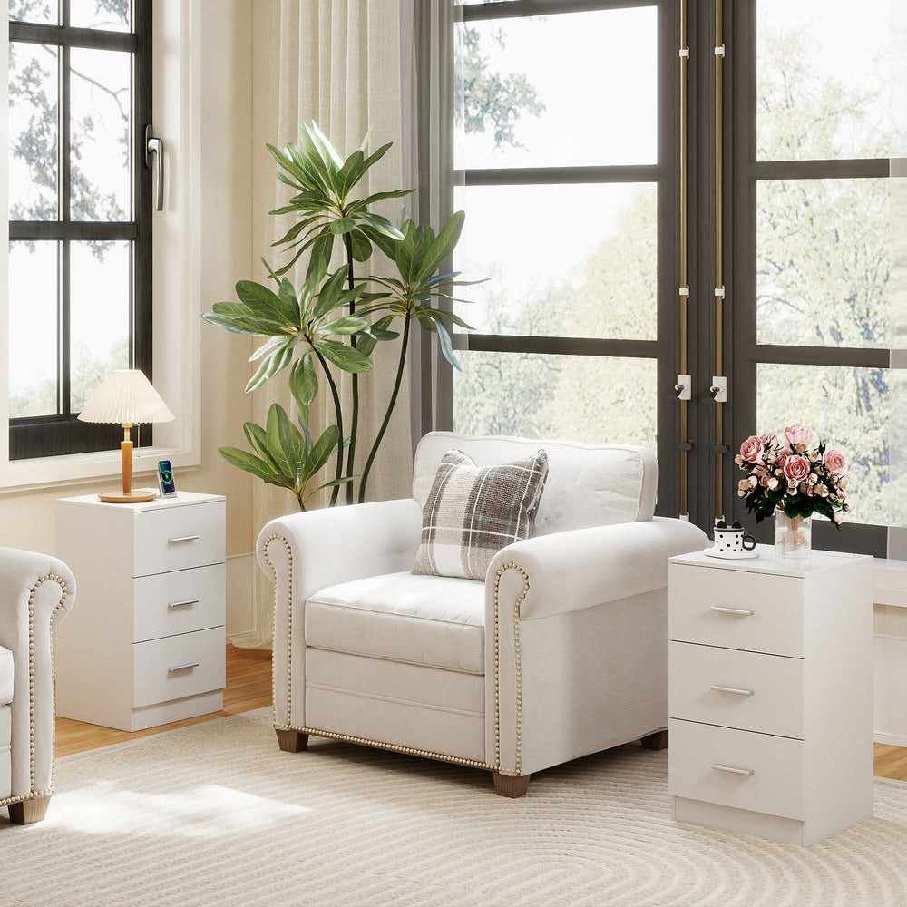 Set of 2 Nightstand with Charging Station End Table with 3 Storage Drawers Bedside Table for Bedroom-White - Gallery View 1 of 8
