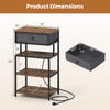 28-inch tall rustic brown nightstand with charging station, featuring a fabric drawer and three shelves for storage.