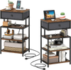 Set of 2 rustic brown nightstands with charging station, featuring fabric drawers and open shelves for storage.