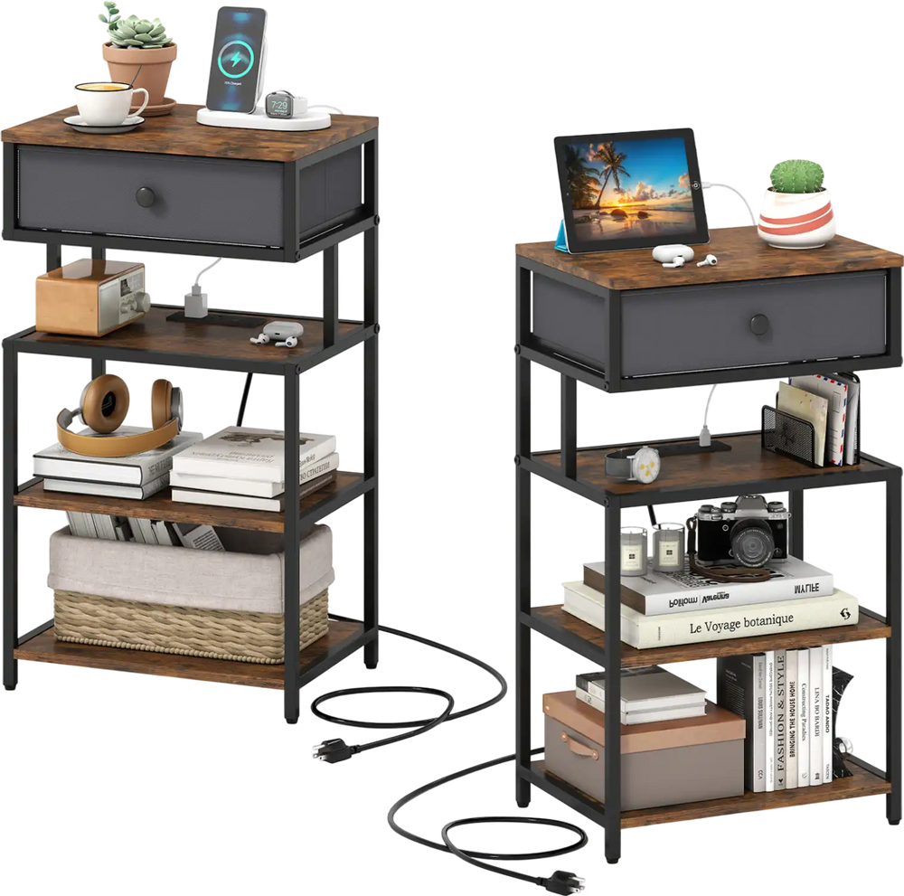 Set of 2 rustic brown nightstands with charging station, featuring fabric drawers and open shelves for storage.