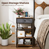 Rustic brown nightstand with charging station, fabric drawer, and open storage shelves for easy access to essentials.