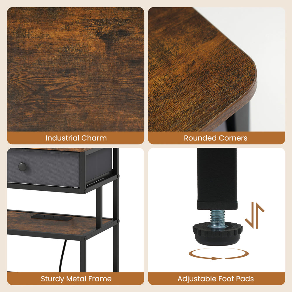 Close-up of the rustic brown nightstand's rounded corners and sturdy metal frame with adjustable foot pads.