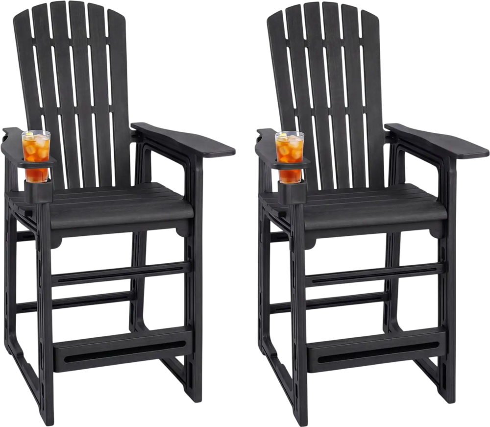 Set of 2 black outdoor bar stools with backrest and armrests, made from all-weather HDPE for garden or poolside use.