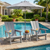 Two gray Adirondack chairs with cup holders beside a pool, made of all-weather HDPE plastic for outdoor relaxation.