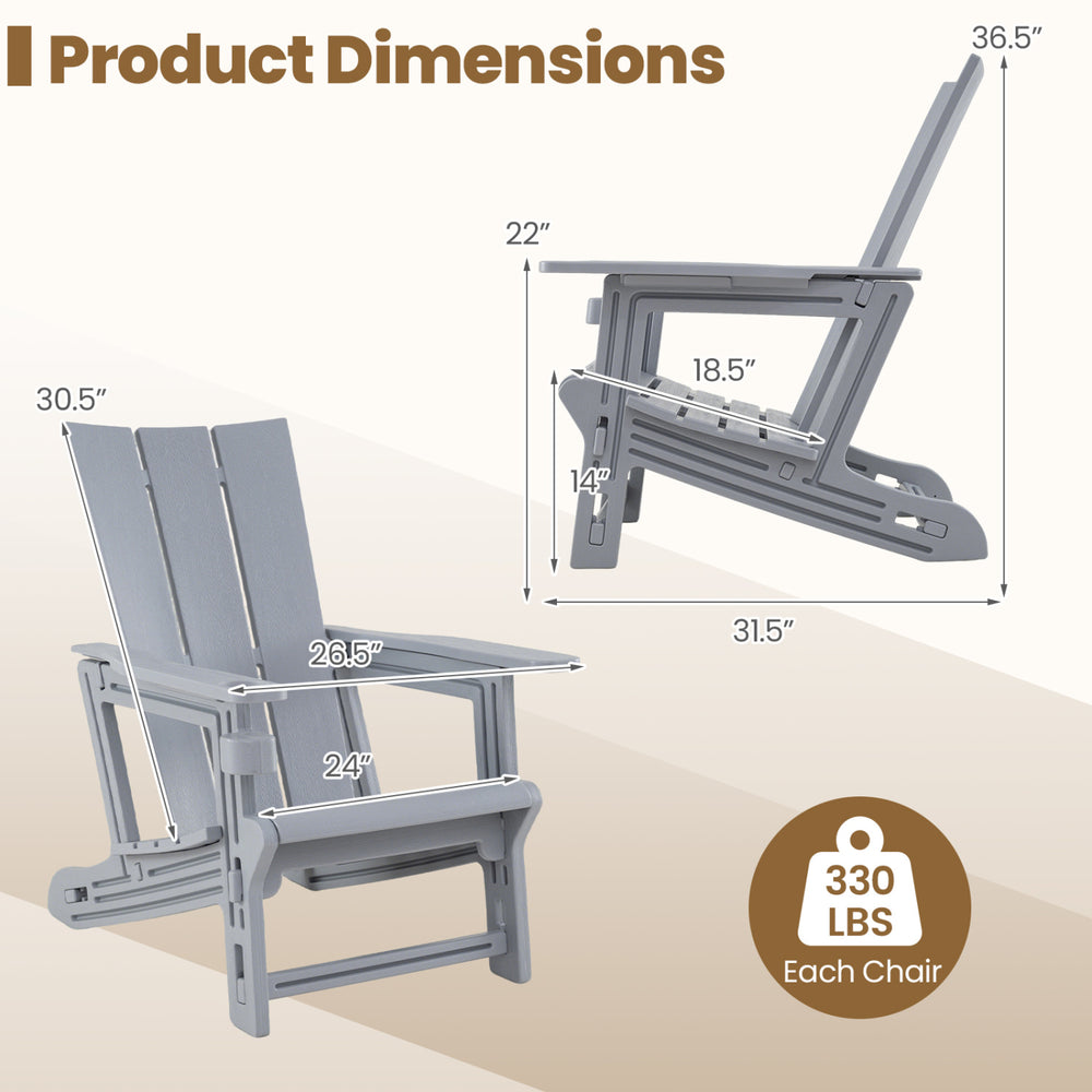 Adirondack chair with a curved backrest and built-in cup holder, made of durable HDPE plastic for outdoor use.