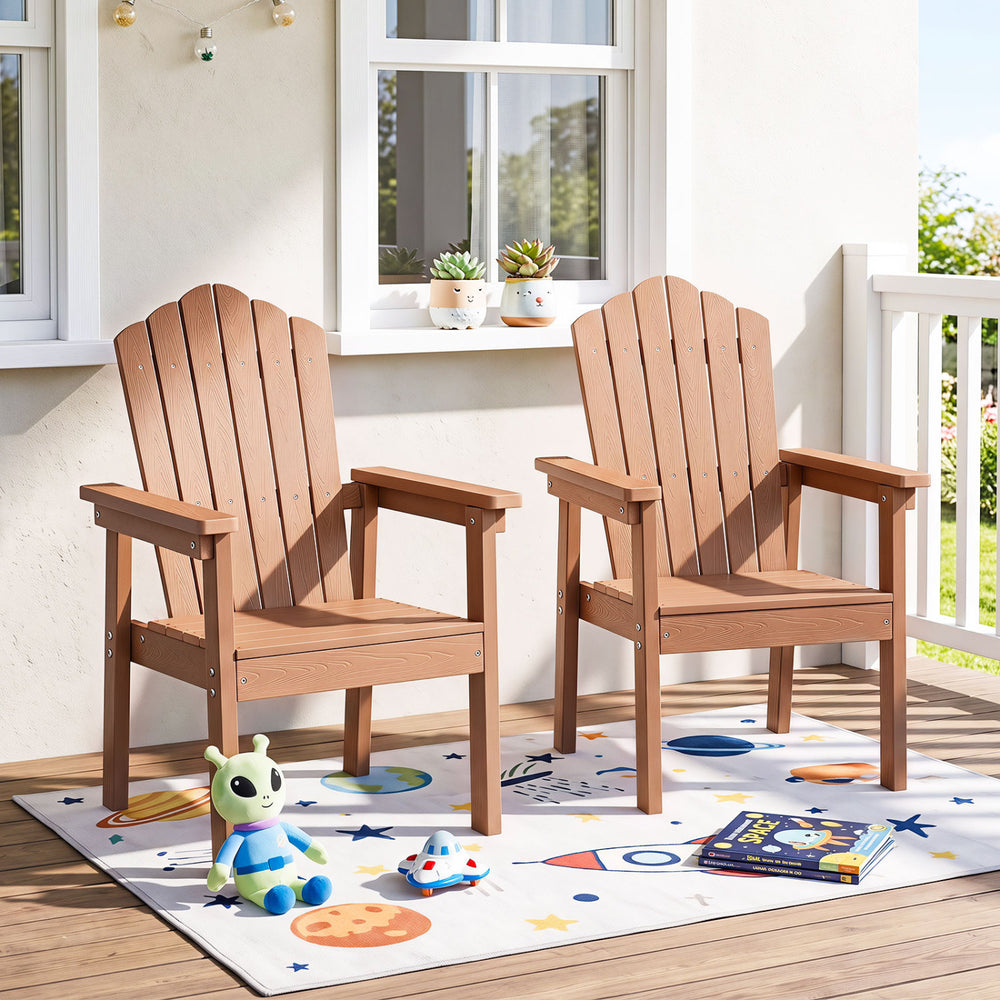 Set of 2 brown outdoor Adirondack chairs with high backrests and wide armrests, perfect for patio relaxation.