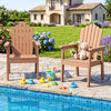 Set of 2 brown outdoor Adirondack chairs with high backrests and wide armrests, perfect for poolside relaxation.