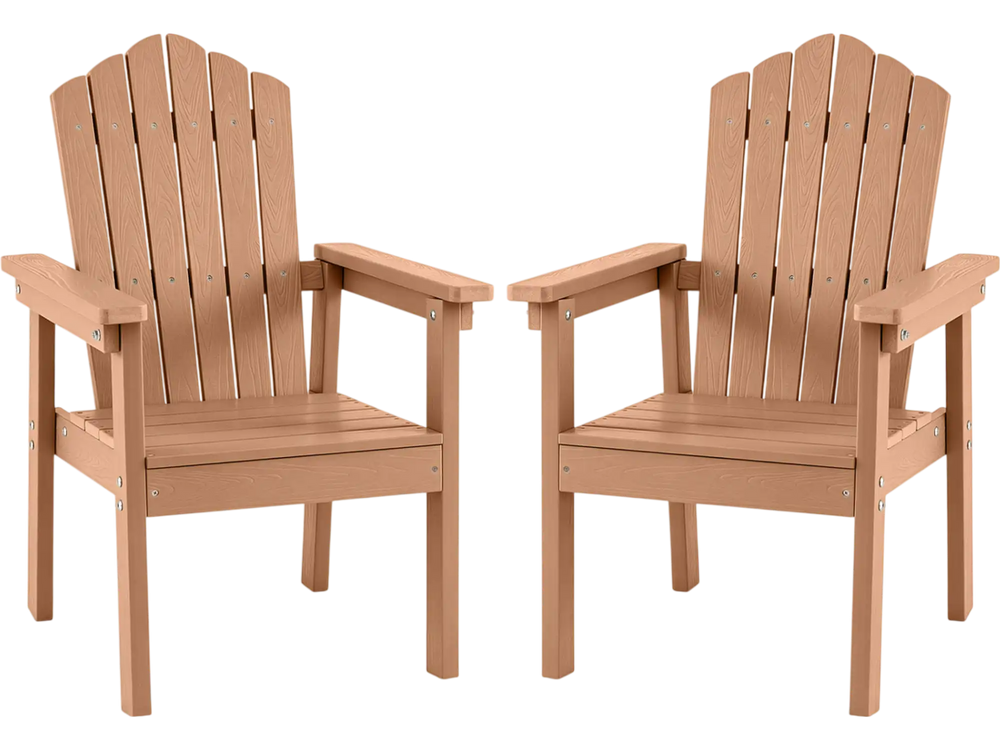 Set of 2 brown outdoor Adirondack chairs with high backrest, wide armrests, and angled seat for comfortable relaxation.