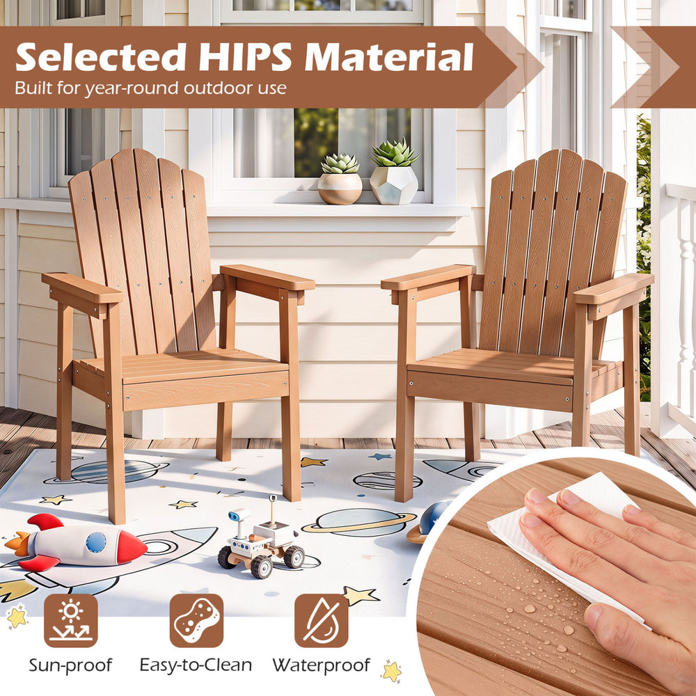 Set of 2 brown outdoor Adirondack chairs with high backrests and wide armrests, made from durable HIPS material for all-weather use.