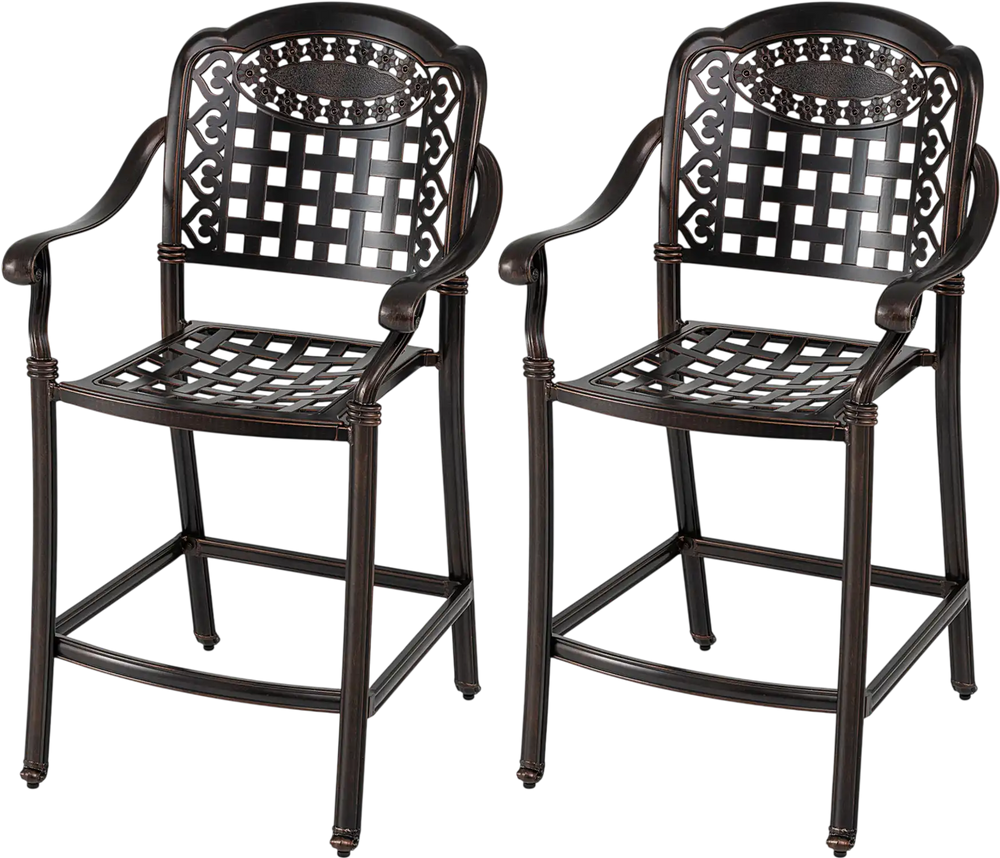Set of 2 outdoor bar stools in copper, featuring ergonomic design and weather-resistant cast aluminum for patio use.