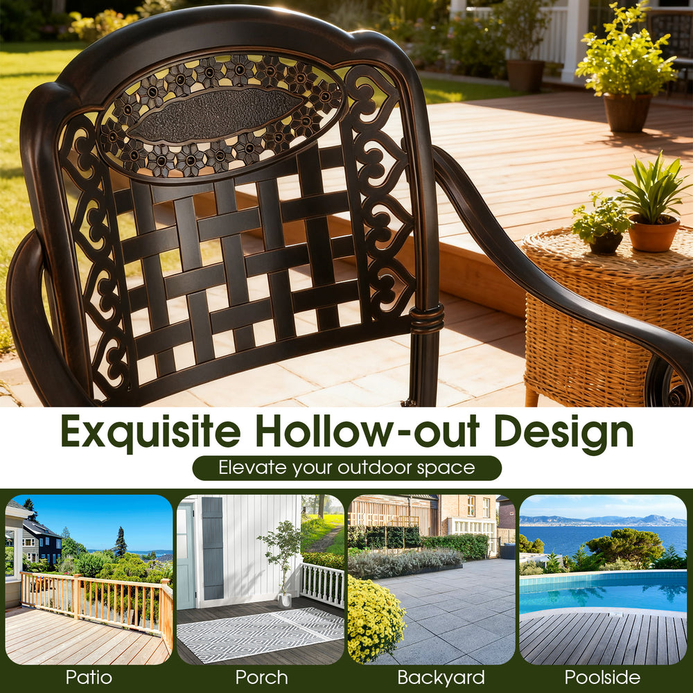 Outdoor bar stool showcasing exquisite hollow-out design in copper cast aluminum, perfect for patio and poolside.