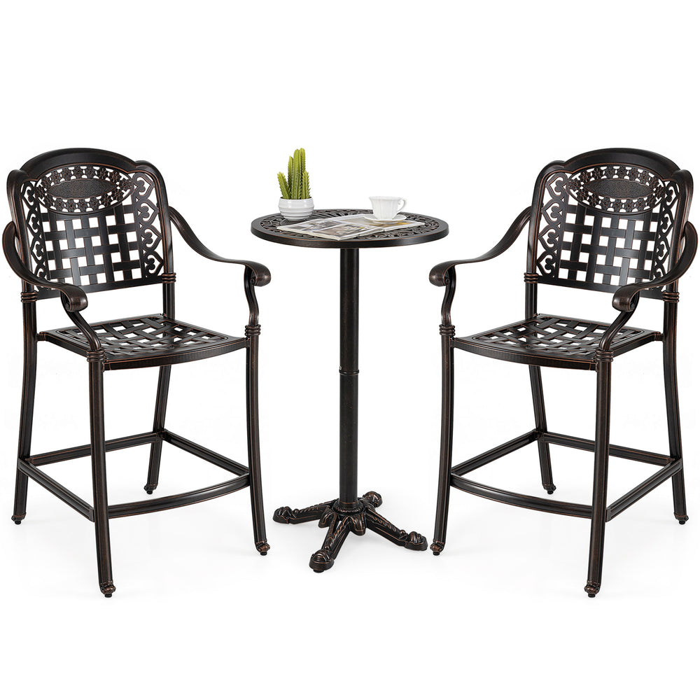 Set of 2 copper cast aluminum outdoor bar stools with ergonomic design, perfect for patio and poolside relaxation.